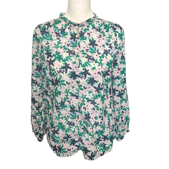 Talbots Tops - Talbots Petite Top Women's SP Navy Pink Floral‎ Ruffle Neck Button Up Shirt